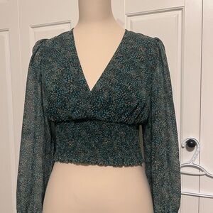 Aritzia Teal Patterned V-Neck Blouse